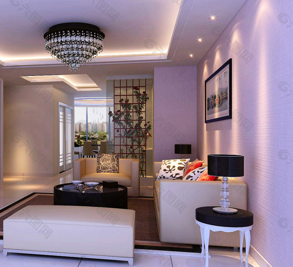 现代简约客厅紫色墙面效果图图片_家居设计_环境设计-图行天下素材网