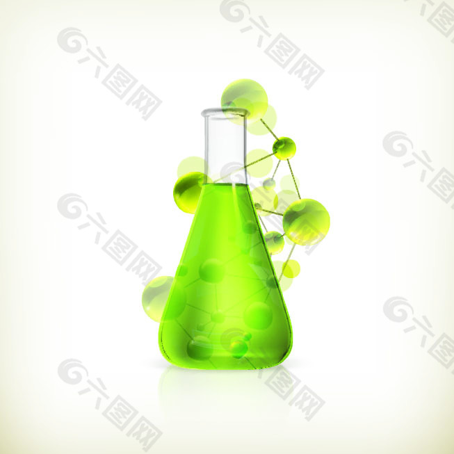 绿色液体烧杯与分子结构图图片