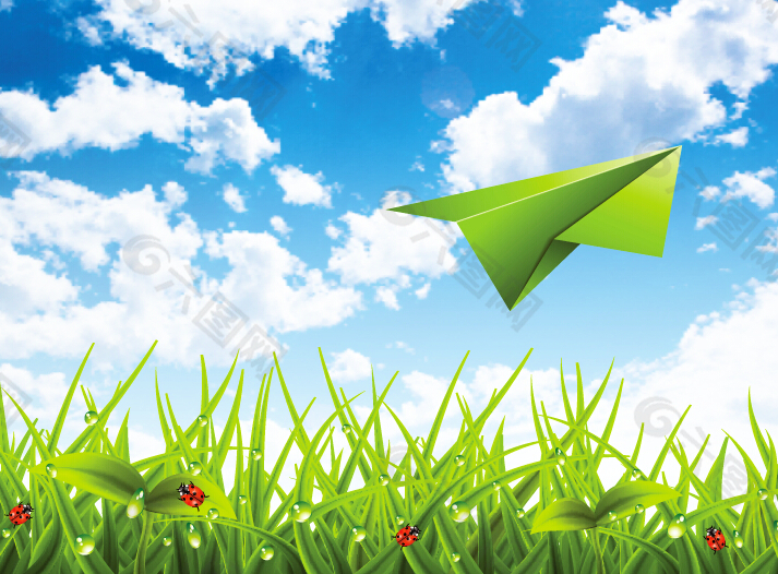纸飞机和蓝天绿草背景矢量素材