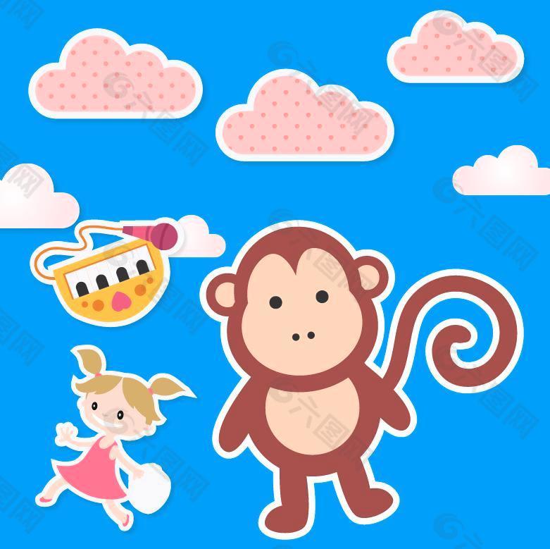 童话故事猴子与小姑娘矢量元素