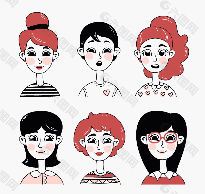 六款卡通女子头像