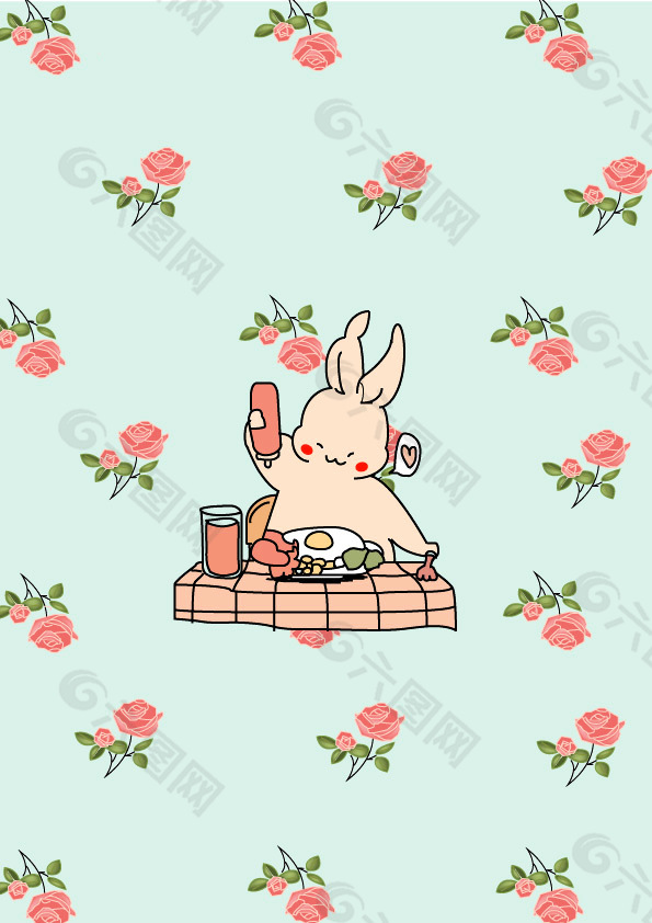 小兔子美食玫瑰花蓝色背景矢量画