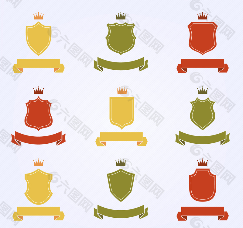 9款彩色皇冠盾牌和丝带矢量图