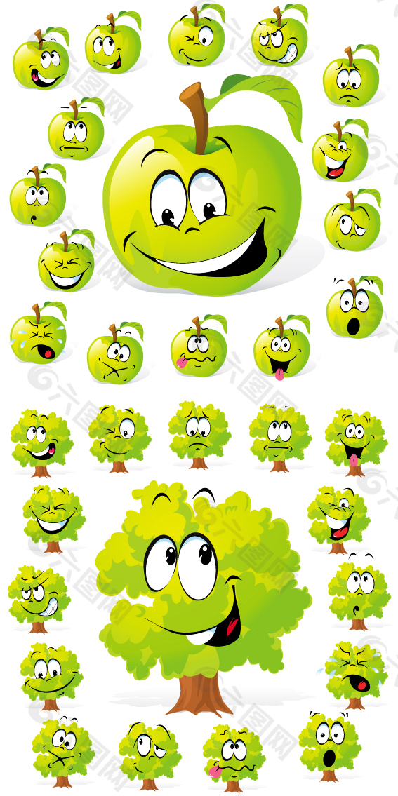 各种卡通表情苹果 小树