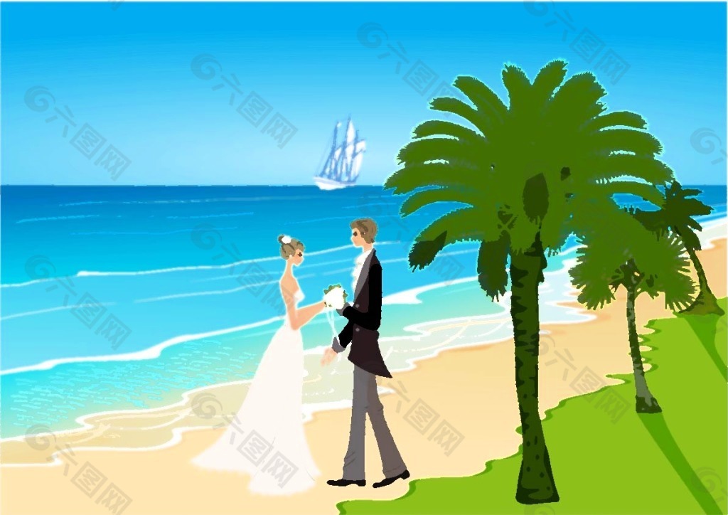 沙滩婚礼 海边 椰子树 矢量人物