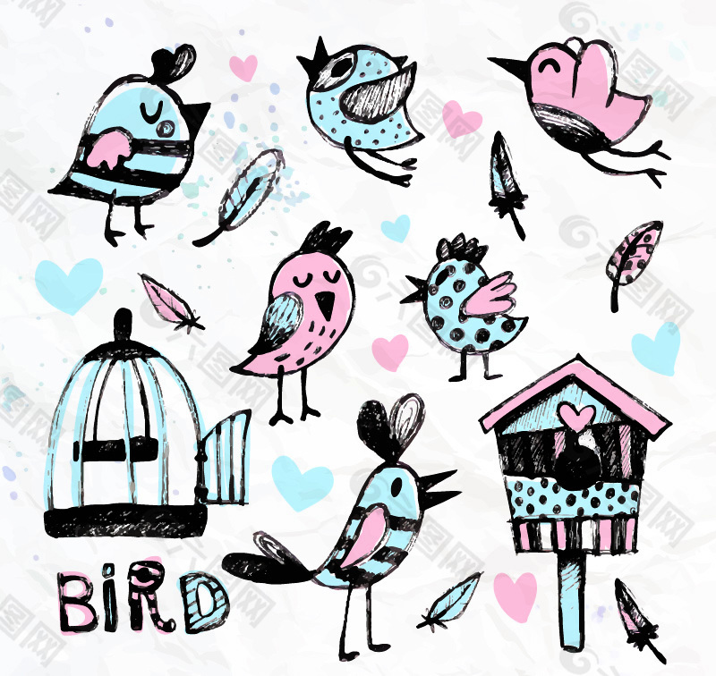 8款水彩绘小鸟和鸟笼矢量图