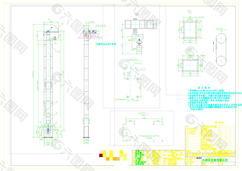 斗提机安装布置总图CAD景观图纸