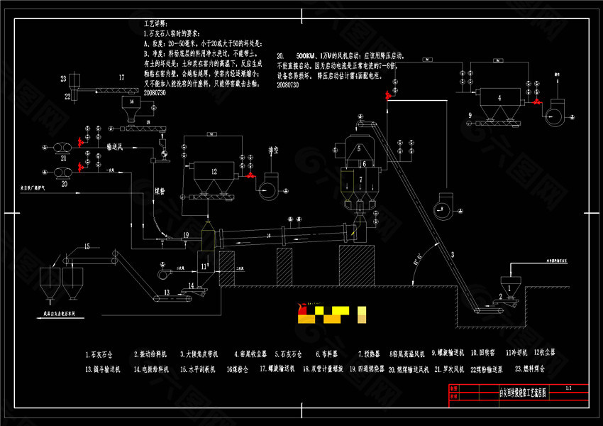 白灰回转窑工艺流程图CAD机械图纸