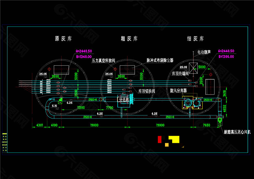 粉煤灰分选系统库顶布置详图CAD机械图纸