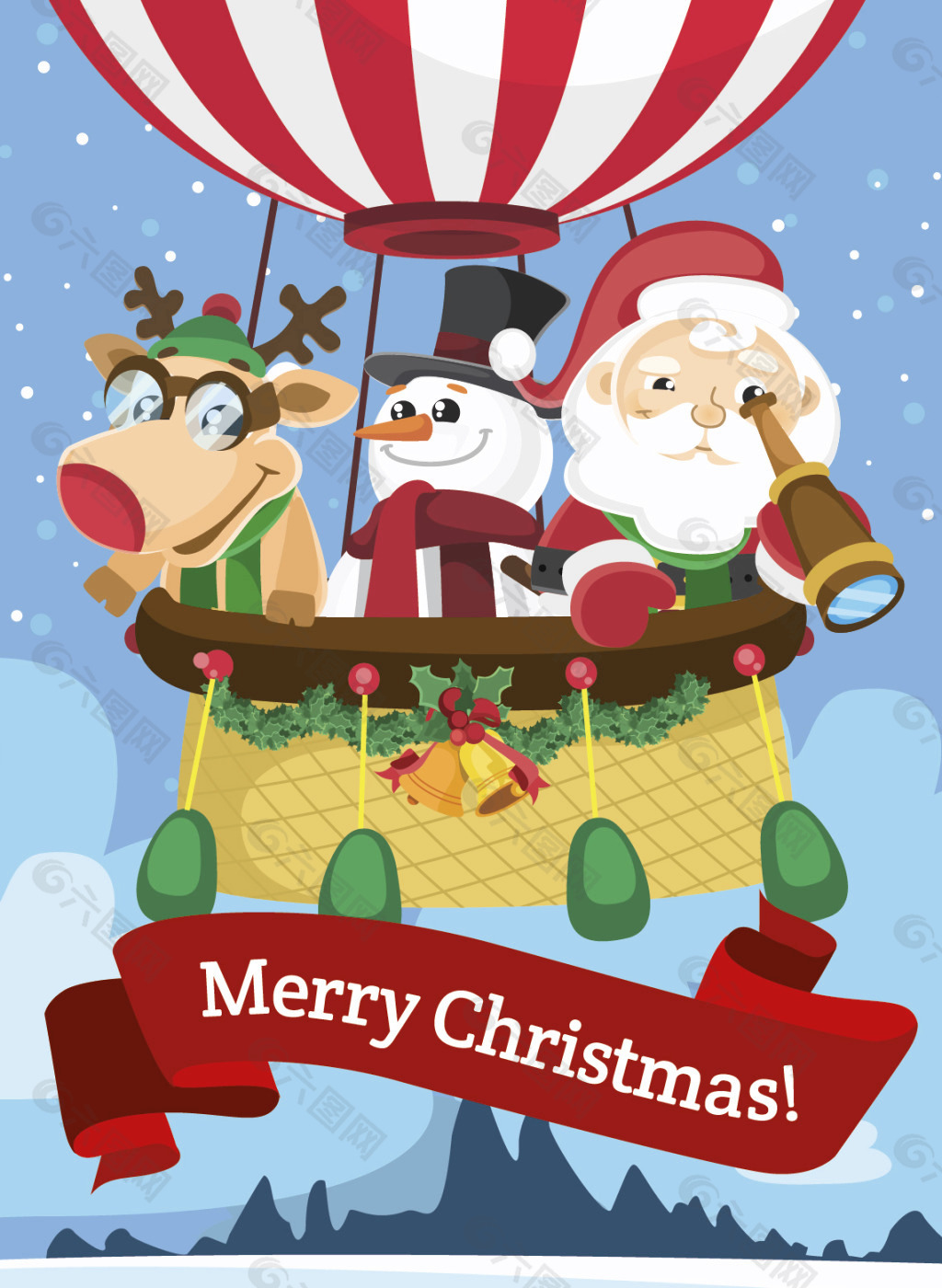 圣诞节圣诞老人雪人麋鹿热气球节日