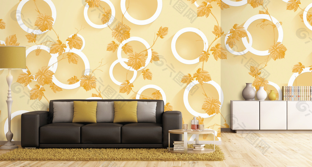 3D圆圈黄色花卉电视背景墙