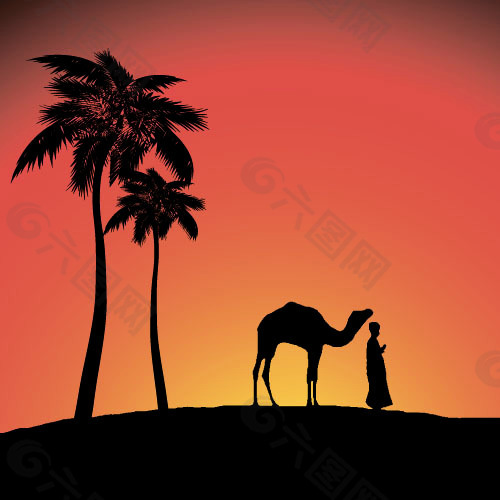 夕阳下的人和骆驼