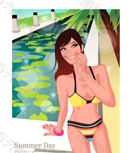 时尚女性 浪漫夏日 沙滩泳装 矢量人物 AI_12