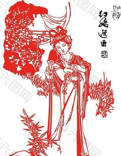 矢量仕女线描图—红娘传书 cdr格式