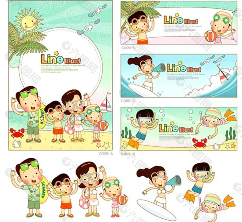 卡通游泳家庭矢量素材图片