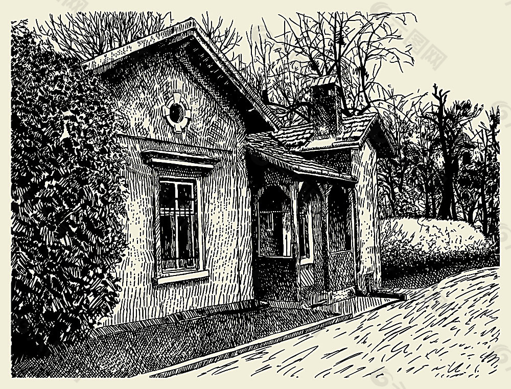 房屋风景素描插画图片