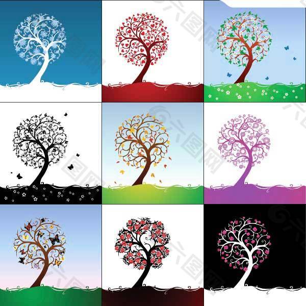一组精美的不同色调和季节的抽象树矢量素材