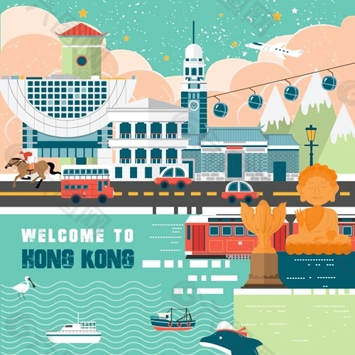 香港建筑扁平风格图样设计