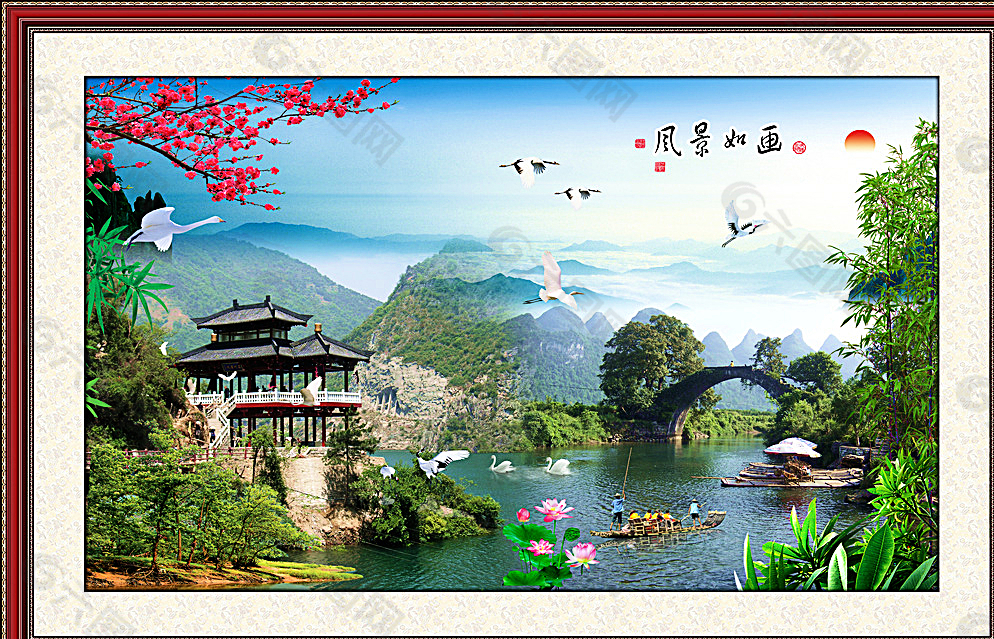 凉亭拱桥风景中堂画图片