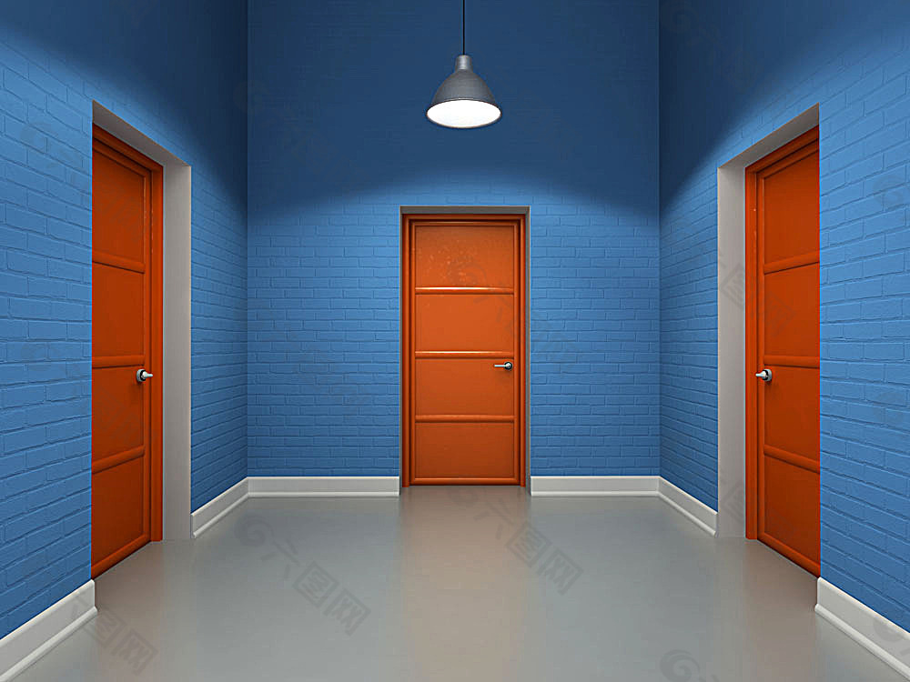 蓝色房间里的红色大门