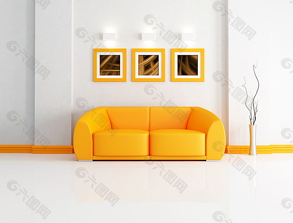 时尚黄色沙发与装饰画