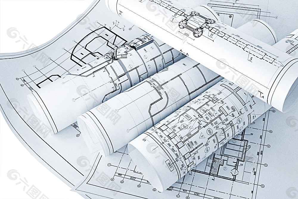 卷起的建筑施工图