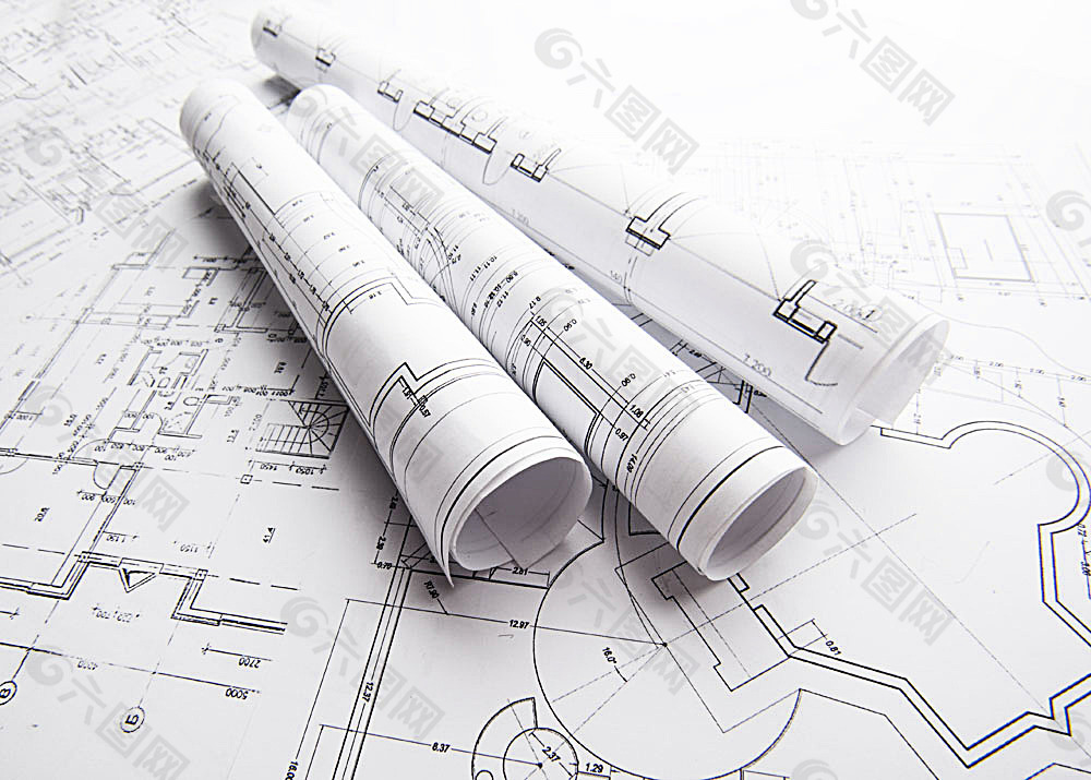 卷起的建筑图纸装饰装修素材免费下载