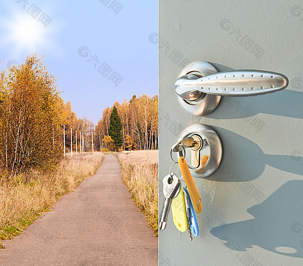 秋天马路风景与门钥匙