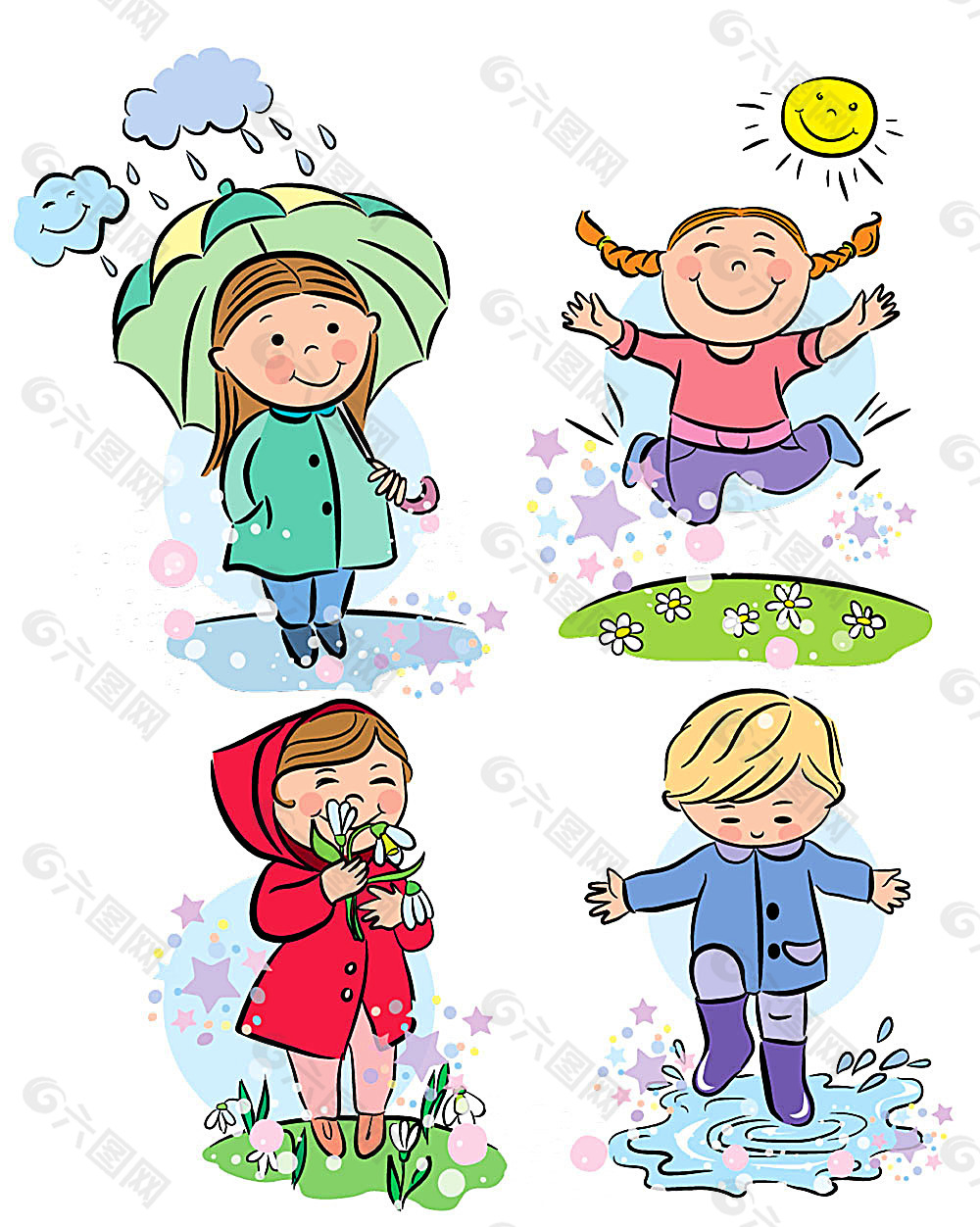 下雨天和晴天下的卡通儿童