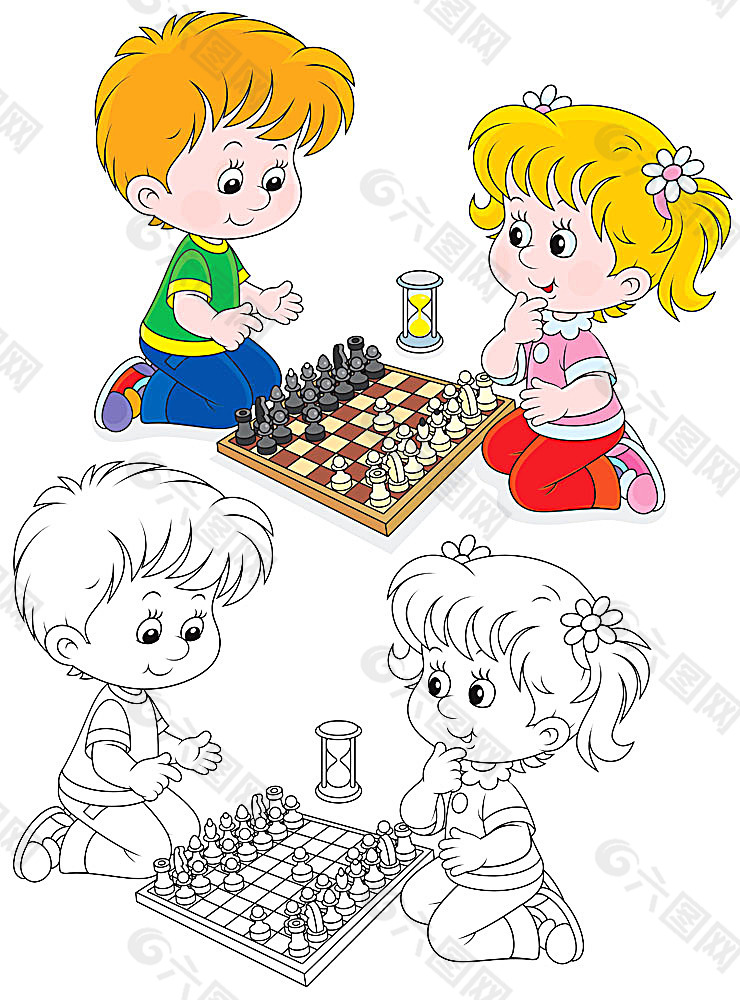 下国际象棋的男孩女孩卡通画