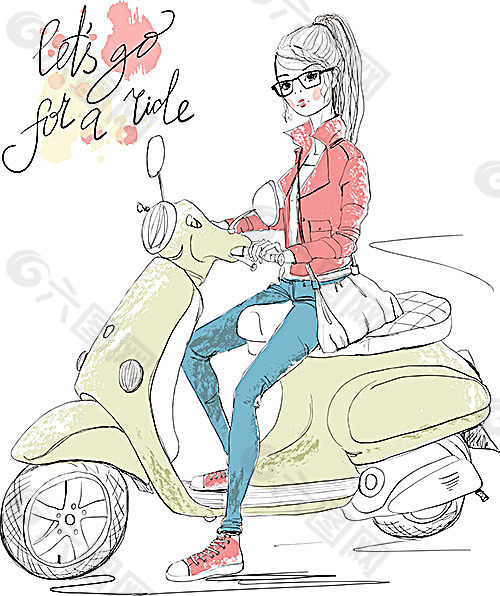 骑摩托的卡通女孩
