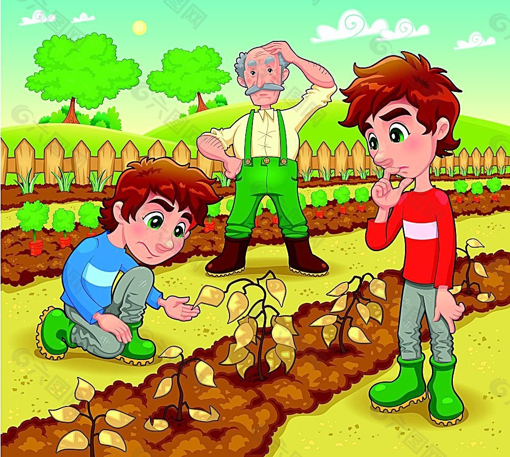 查看植物的农民卡通画