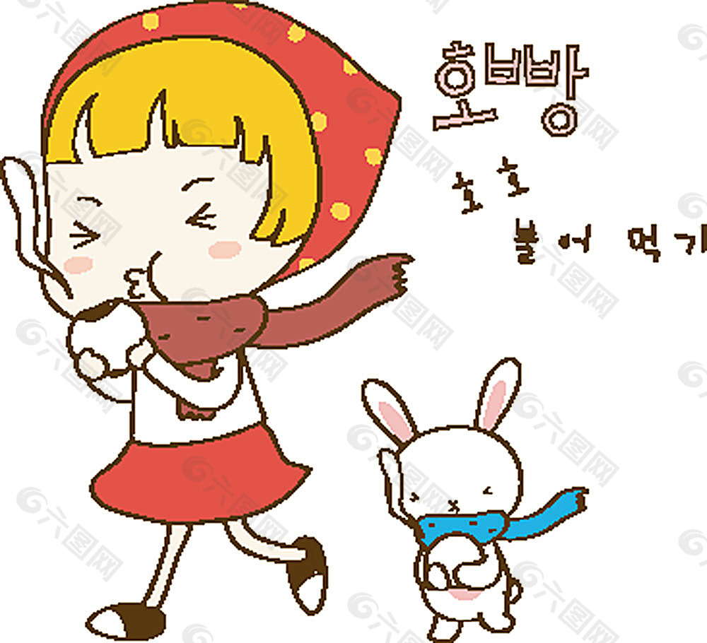 边走边吃包子的小女孩,小白兔