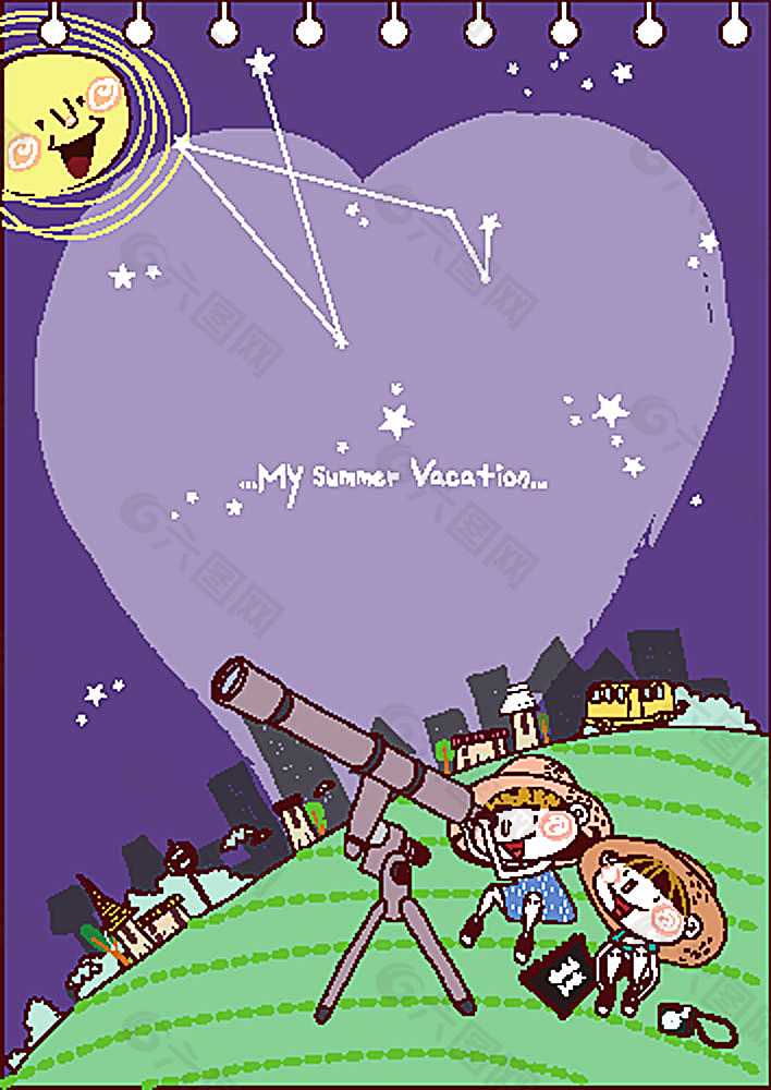 用望远镜看星星的卡通男孩女孩