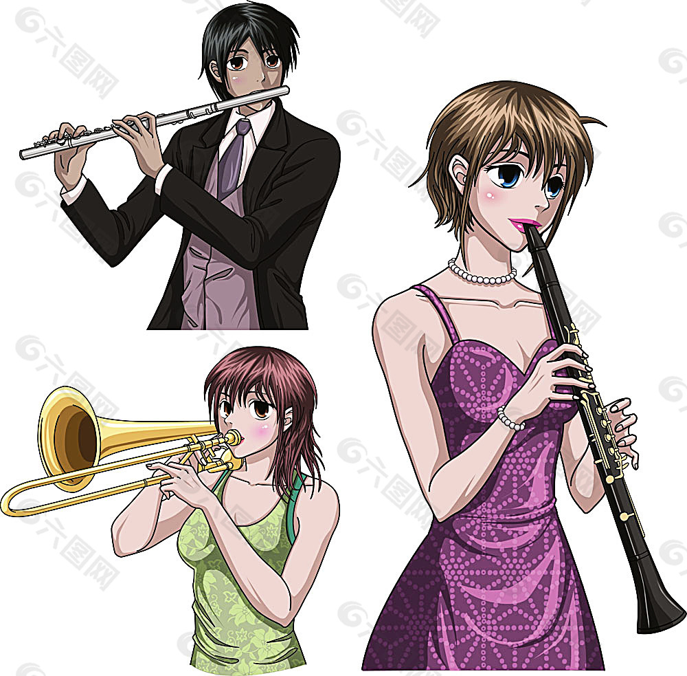 吹乐器的卡通动漫乐队
