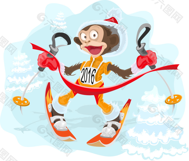 卡通滑雪猴子设计矢量素材