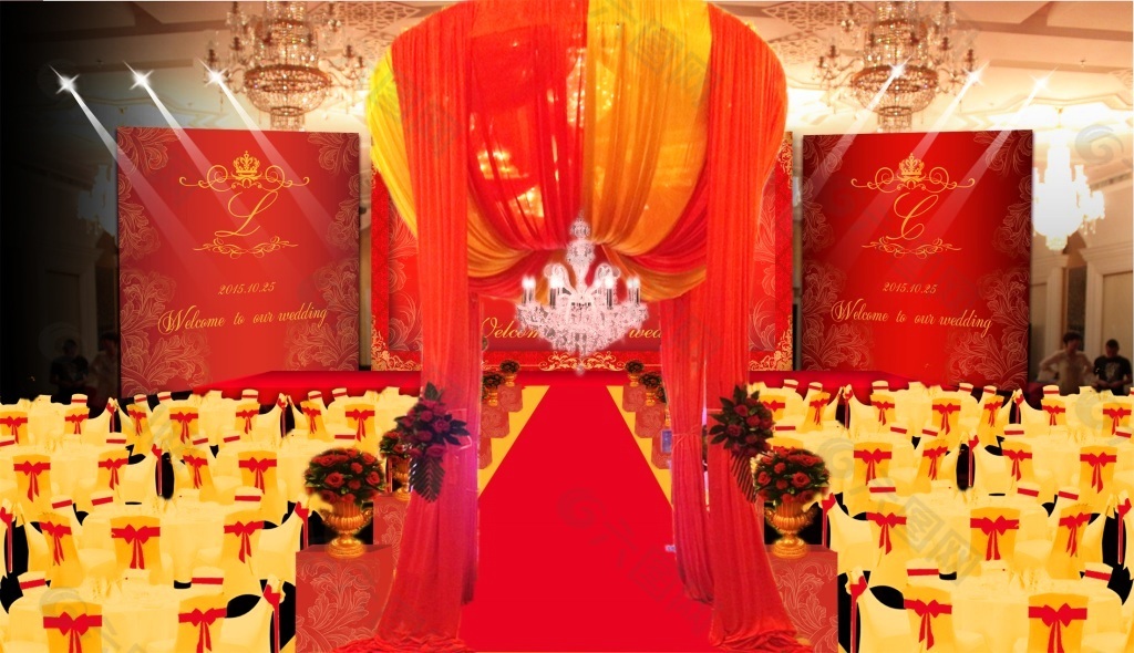 红金主题婚礼带花房舞台效果图