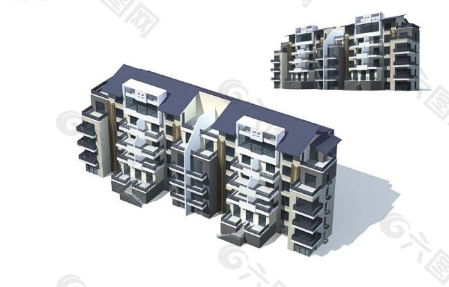 现代紫色平顶住宅小区建筑3D模型