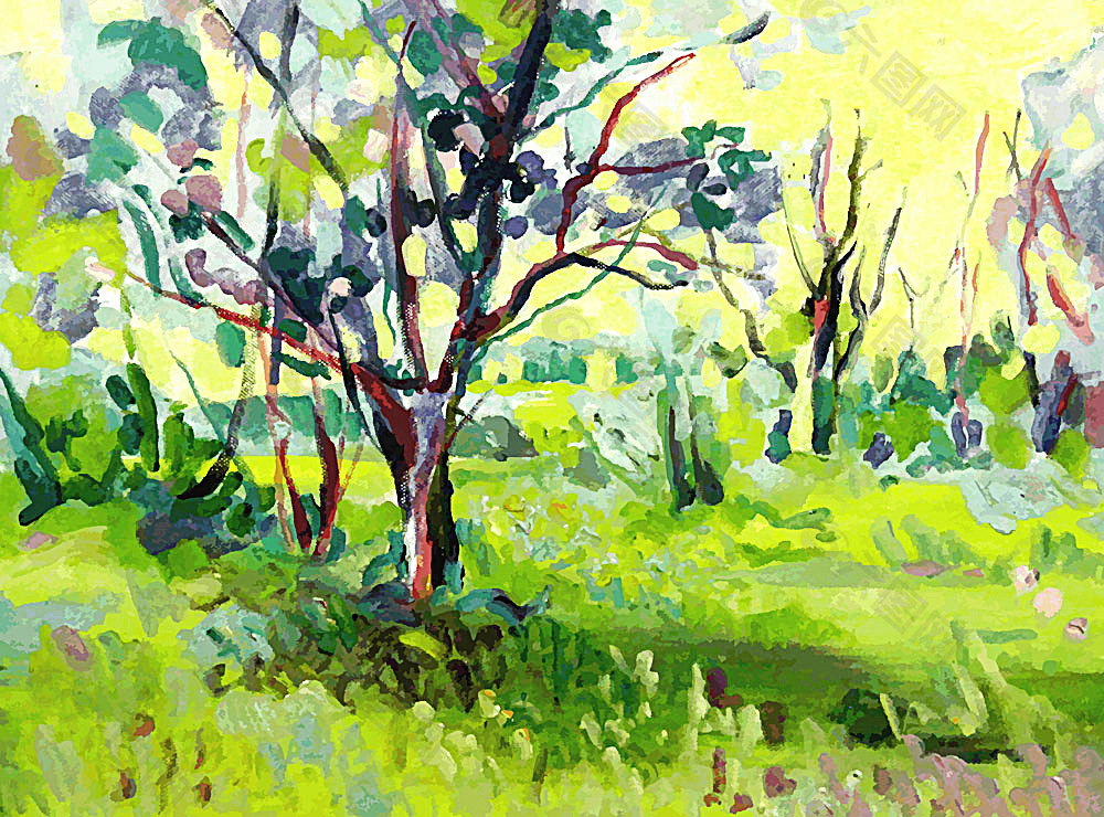草地树木风景油画