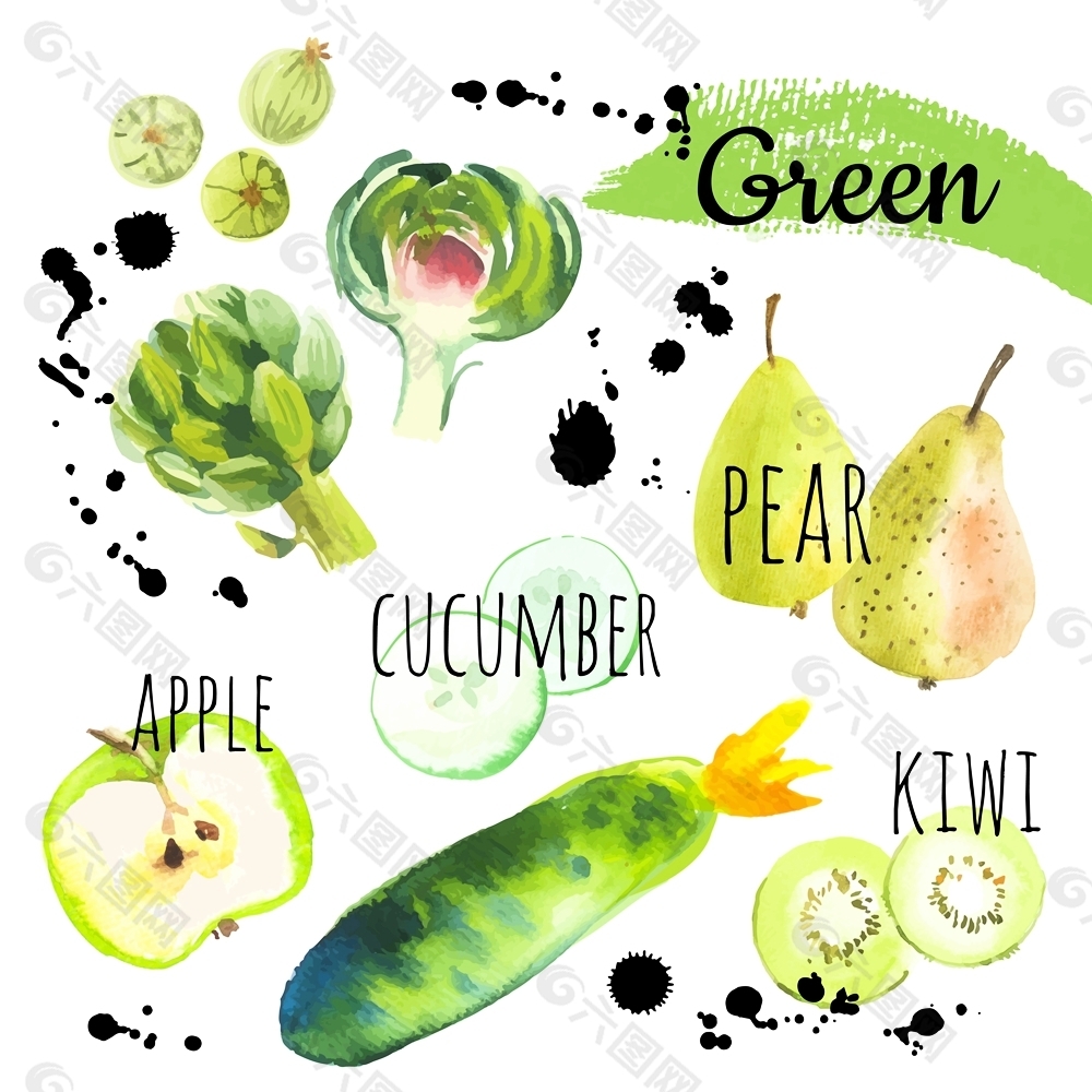 水彩绘绿色水果