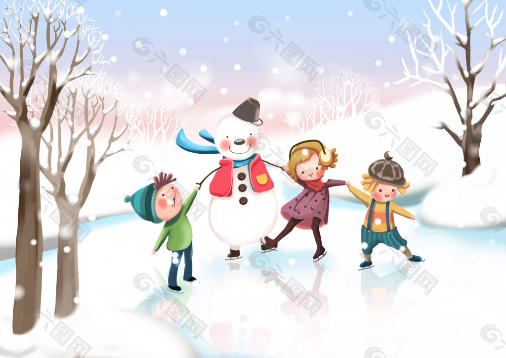 手绘儿童雪天冰上游戏