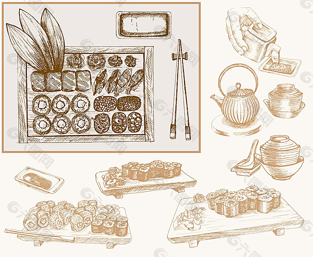寿司餐具茶具插画