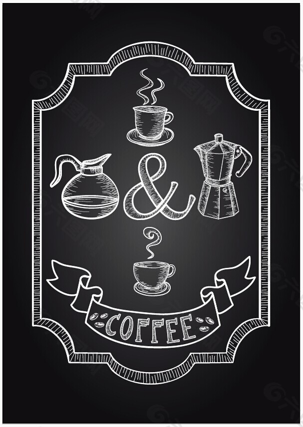 欧美黑板风手绘咖啡下午茶线稿素材