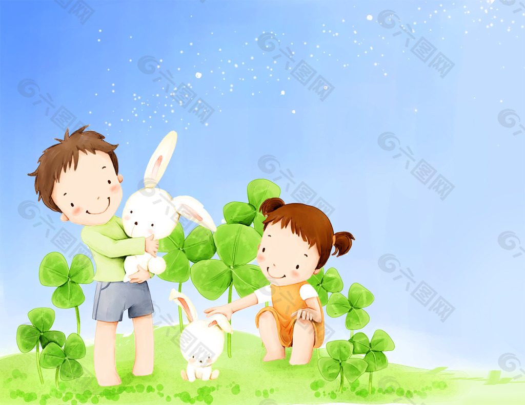 与兔子玩耍的儿童