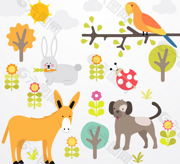 卡通植物与动物插画矢量素材下载