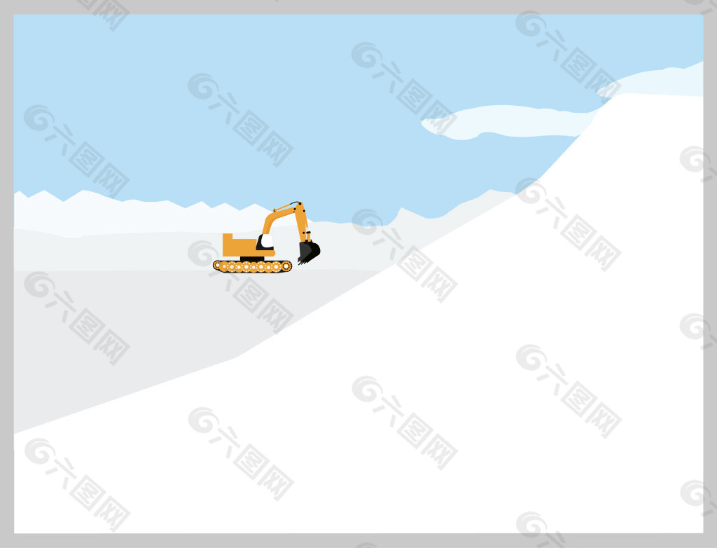 雪景中的挖土机  橙色挖土机矢量图