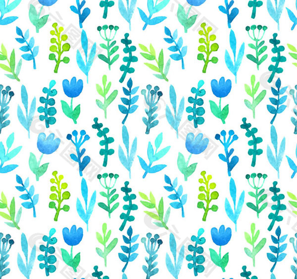 清新蓝绿色水彩花朵无缝背景矢量素材下载