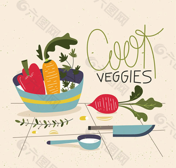 彩绘蔬菜与厨具矢量素材下载