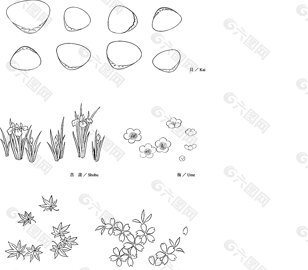 线描莒蒲红叶樱花梅花矢量EPS图片