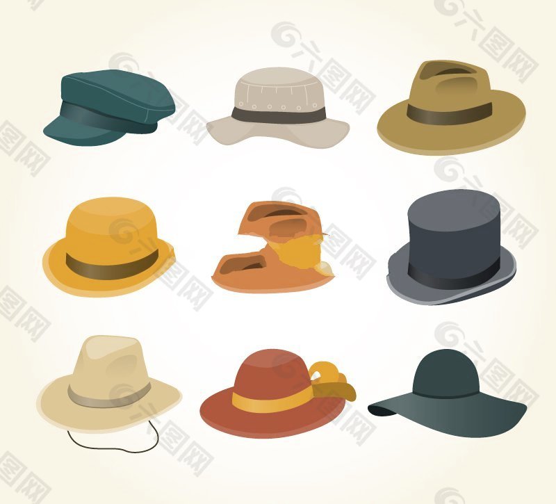 9顶不同款式时尚帽子矢量图下载